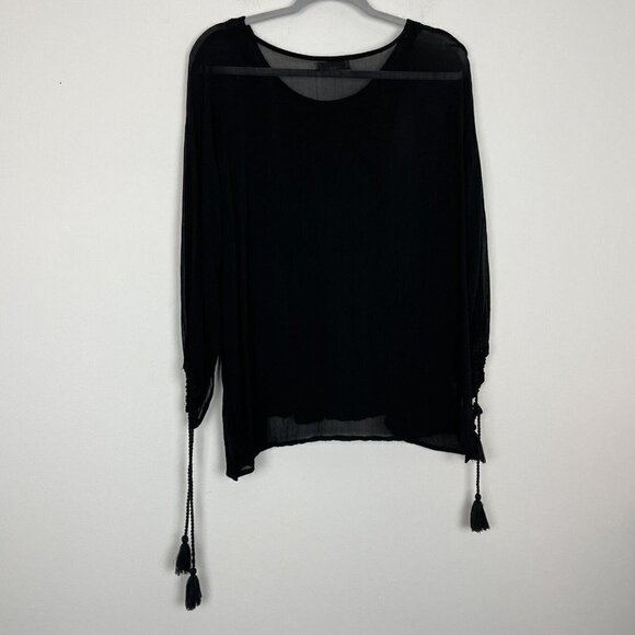 World Market Black Sheer Embroidered Top Tassled Sleeves Size Small Medium - Picture 6 of 7